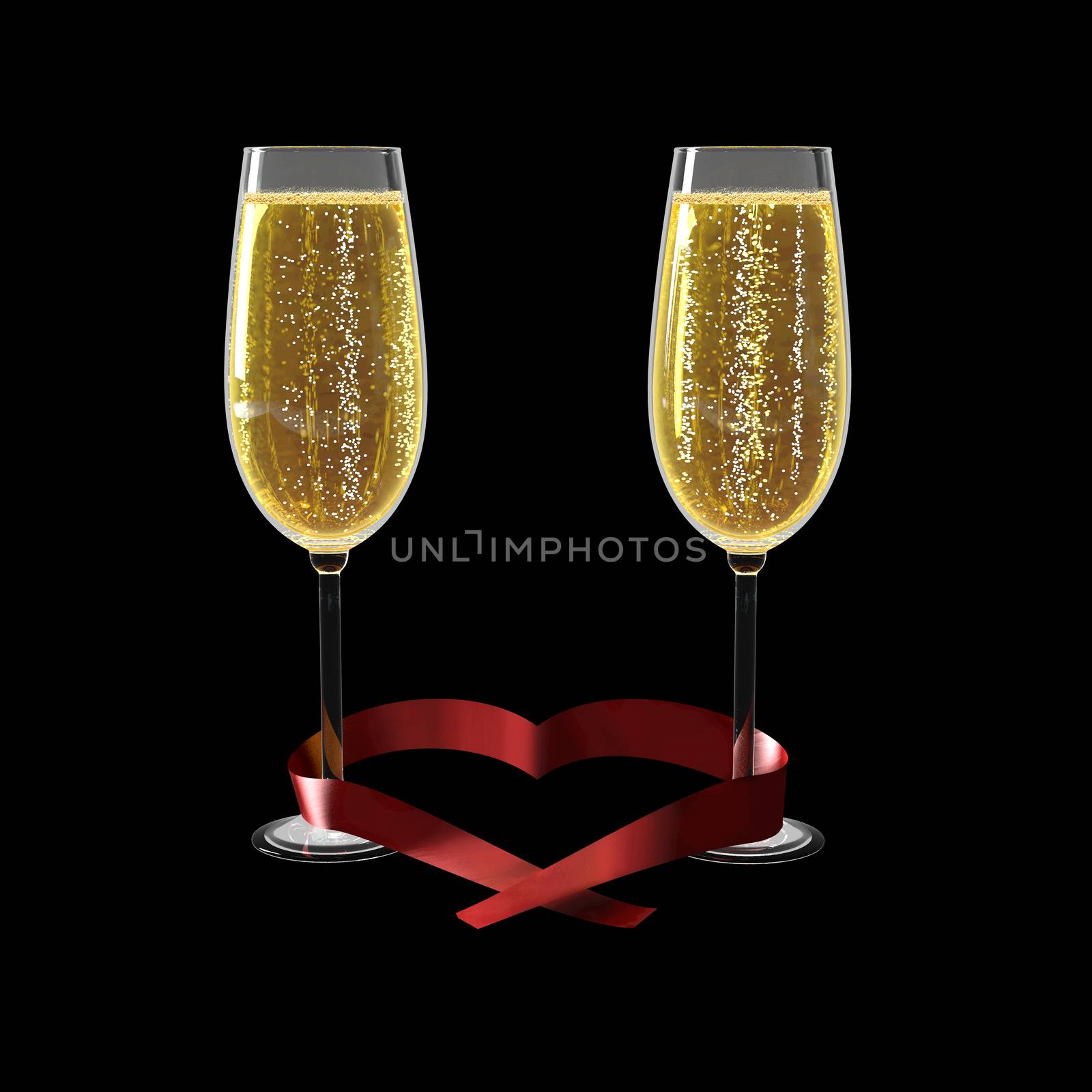 Two glasses of good champagne and a ribbon heart shaped on a white background which symbolizes love.