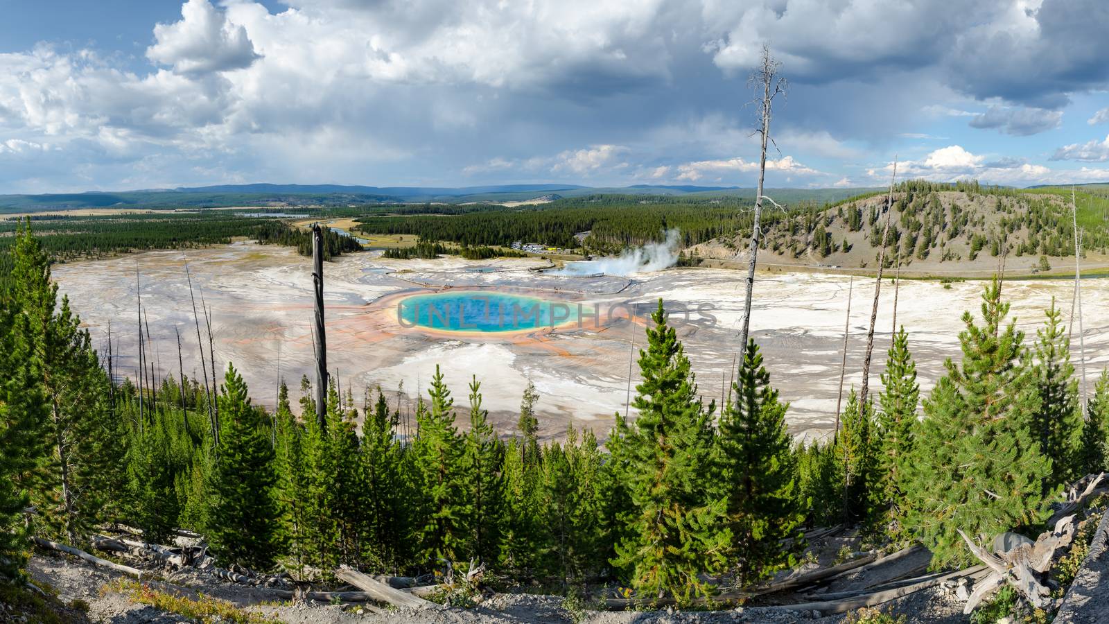 Panoramic scenic view of Grand Prismatic spring in Yellowstone, Wyoming, USA