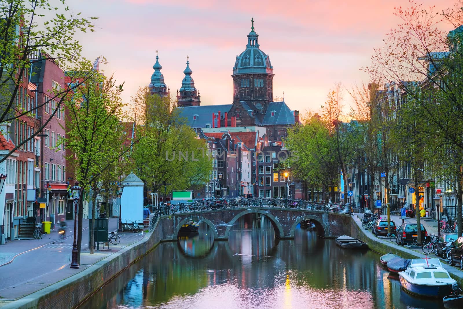 The Basilica of Saint Nicholas (Sint-Nicolaasbasiliek) in Amsterdam at sunrise
