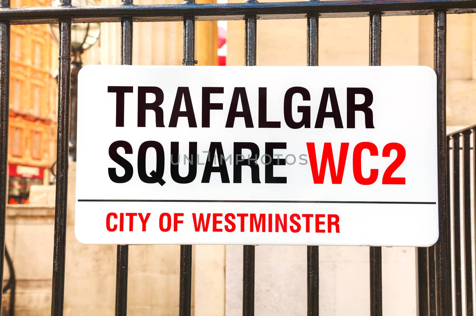 Trafalgar Square sign in city of Westminster by AndreyKr