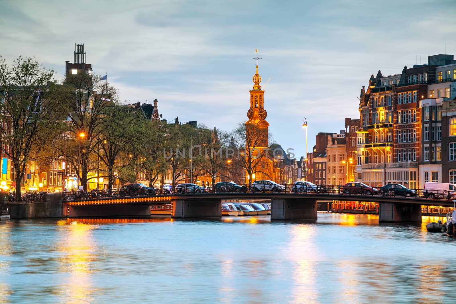 Overview of Amsterdam with Munttoren at sunset