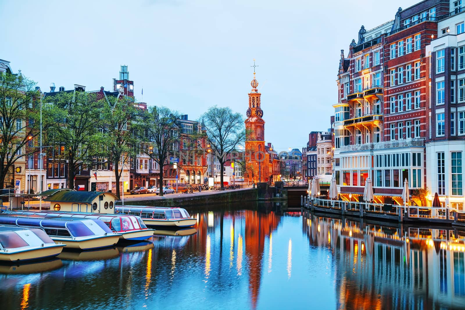 Overview of Amsterdam with Munttoren at sunrise