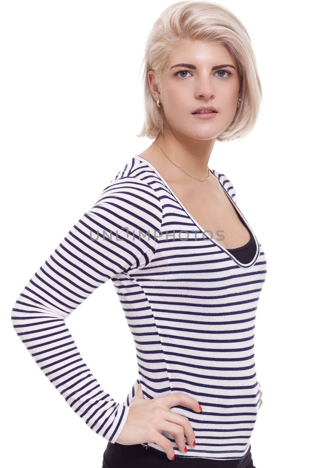 Close up Portrait of Smiling Pretty Blond Woman Wearing Black and White Stripe Shirt While Looking at the Camera. Captured in Studio on White Background.