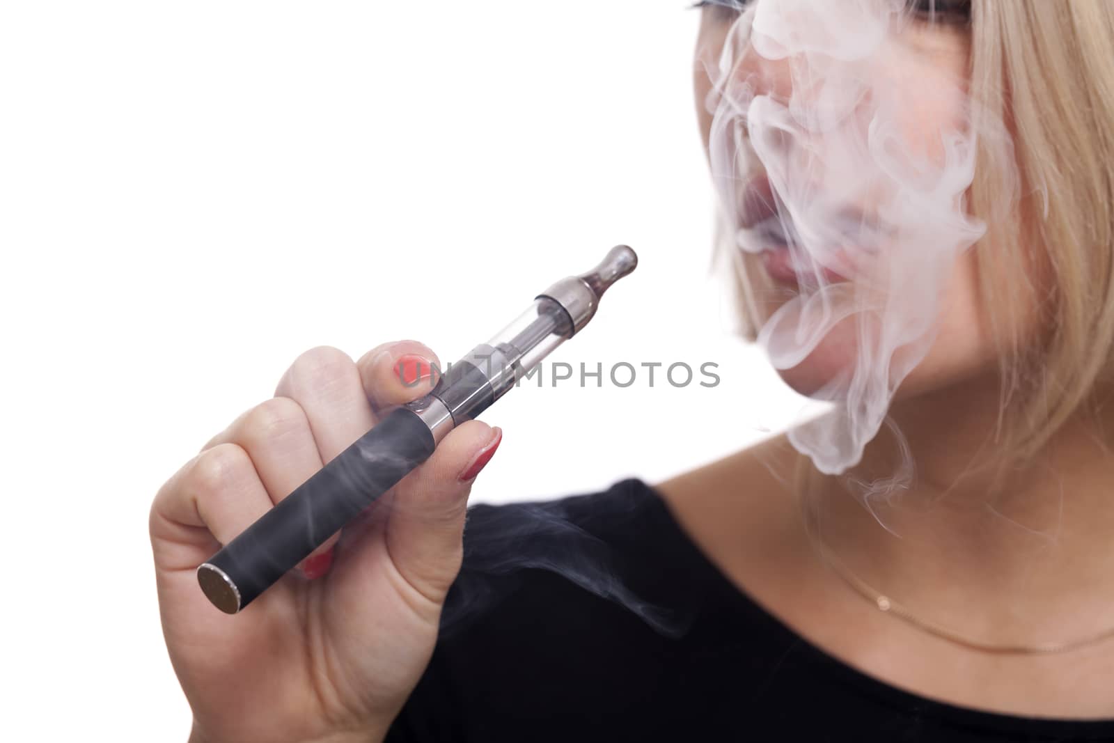 Close up Serious Facial Expression of a Young Blond Woman Smoking Using E- Cigarette on a White Background