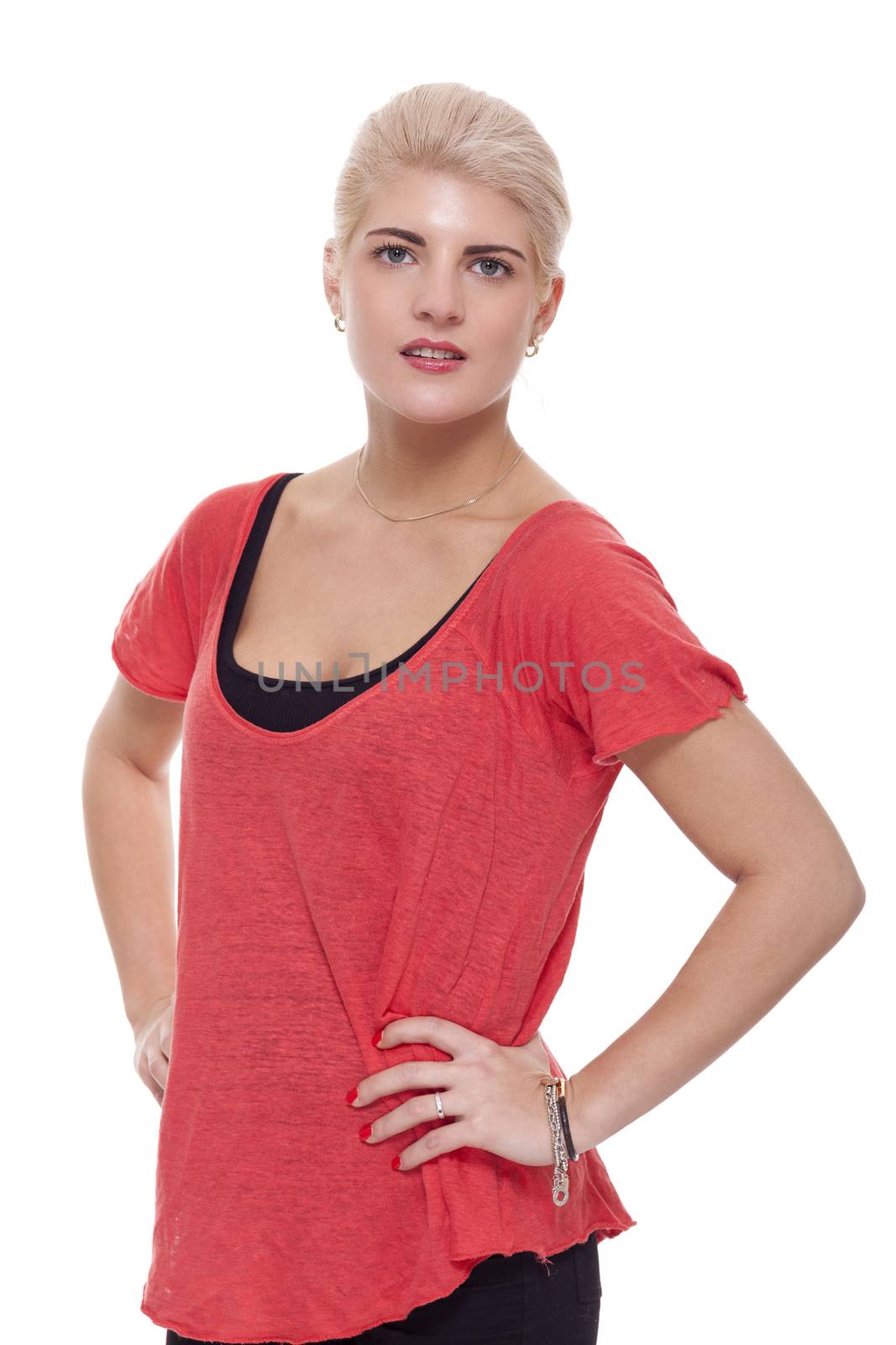 Close up Pretty Young Woman Posing in trendy in Dark Pink and Black Clothing with Hands on Waist. Isolated on White Background.