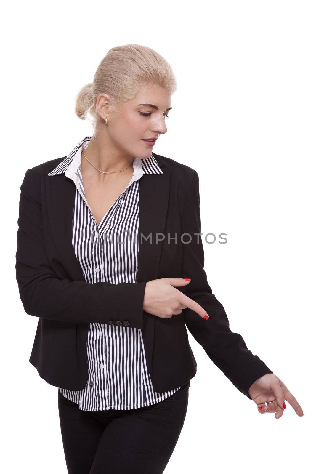 Businesswoman Pointing Up While Looking at Camera by juniart