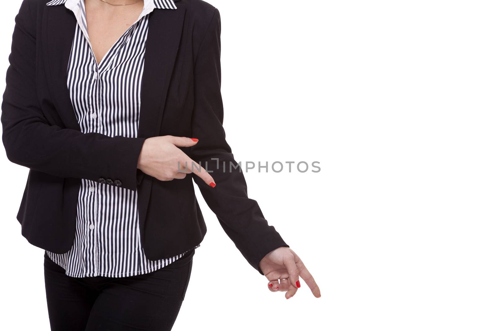 Close up Pretty Smiling Young Businesswoman Pointing Up with her Two Hands While Looking at the Camera. Isolated on White Background.