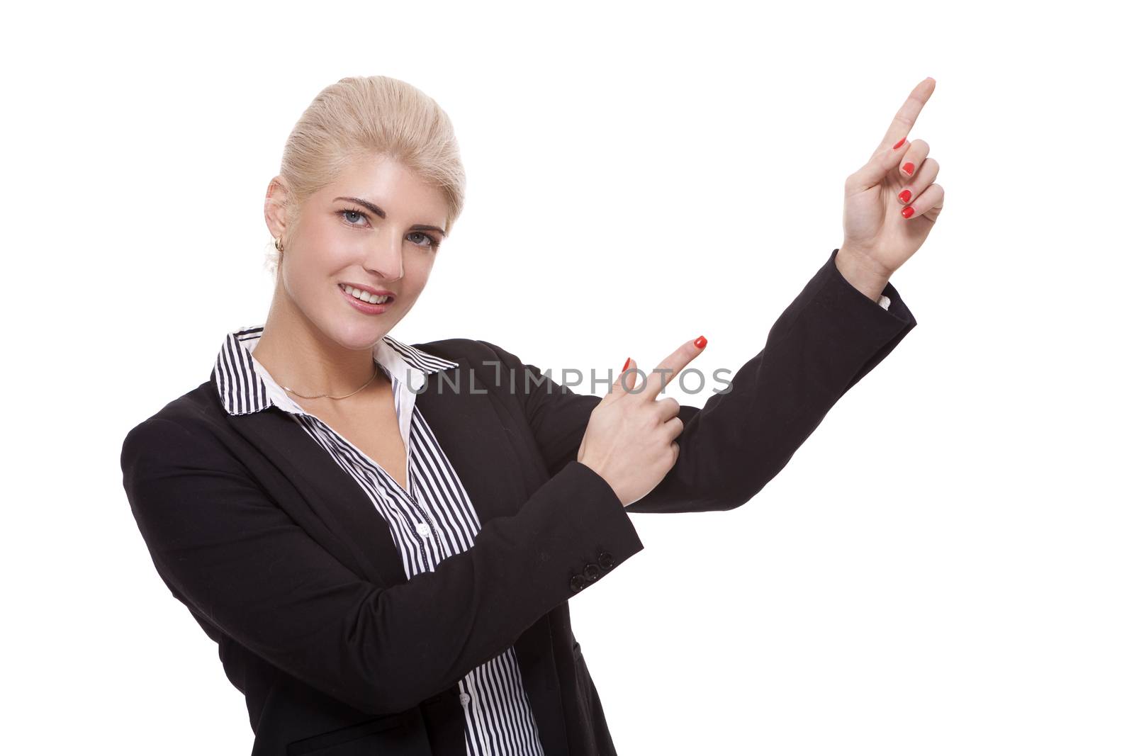 Close up Pretty Smiling Young Businesswoman Pointing Up with her Two Hands While Looking at the Camera. Isolated on White Background.