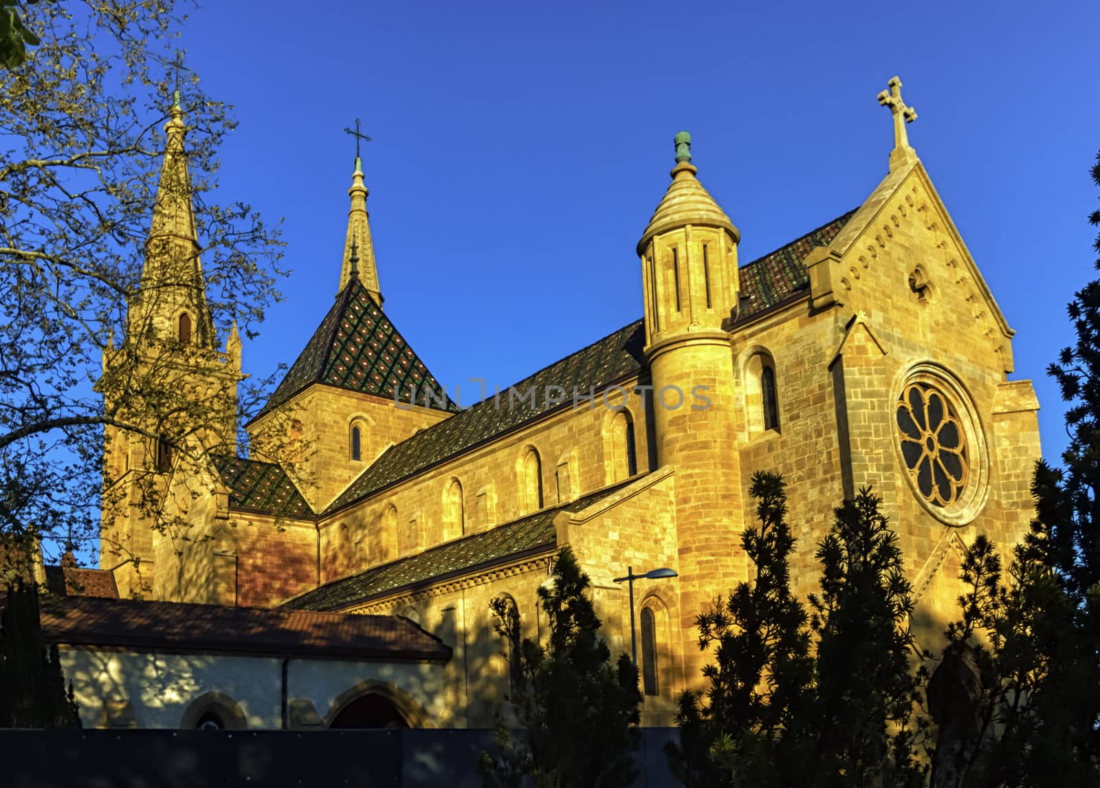 Protestant collegiate Church by sunset, Neuchatel, Switzerland