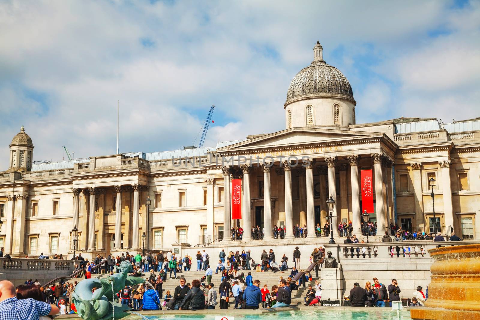 LONDON - APRIL 6: National Gallery building at Trafalgar square on April 6, 2015 in London, UK. Founded in 1824, it houses a collection of over 2,300 paintings dating from the mid-13th century to 1900.