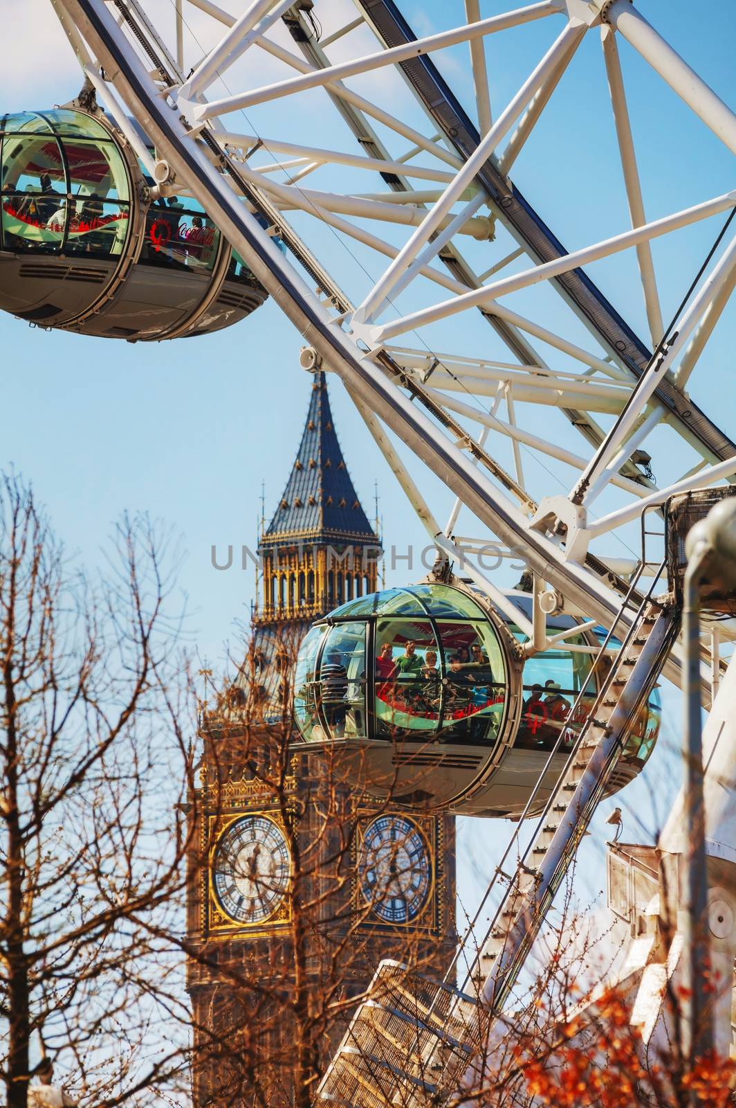 LONDON - APRIL 6: The London Eye Ferris wheel close-up on April 6, 2015 in London, UK. The entire structure is 135 metres tall and the wheel has a diameter of 120 metres.