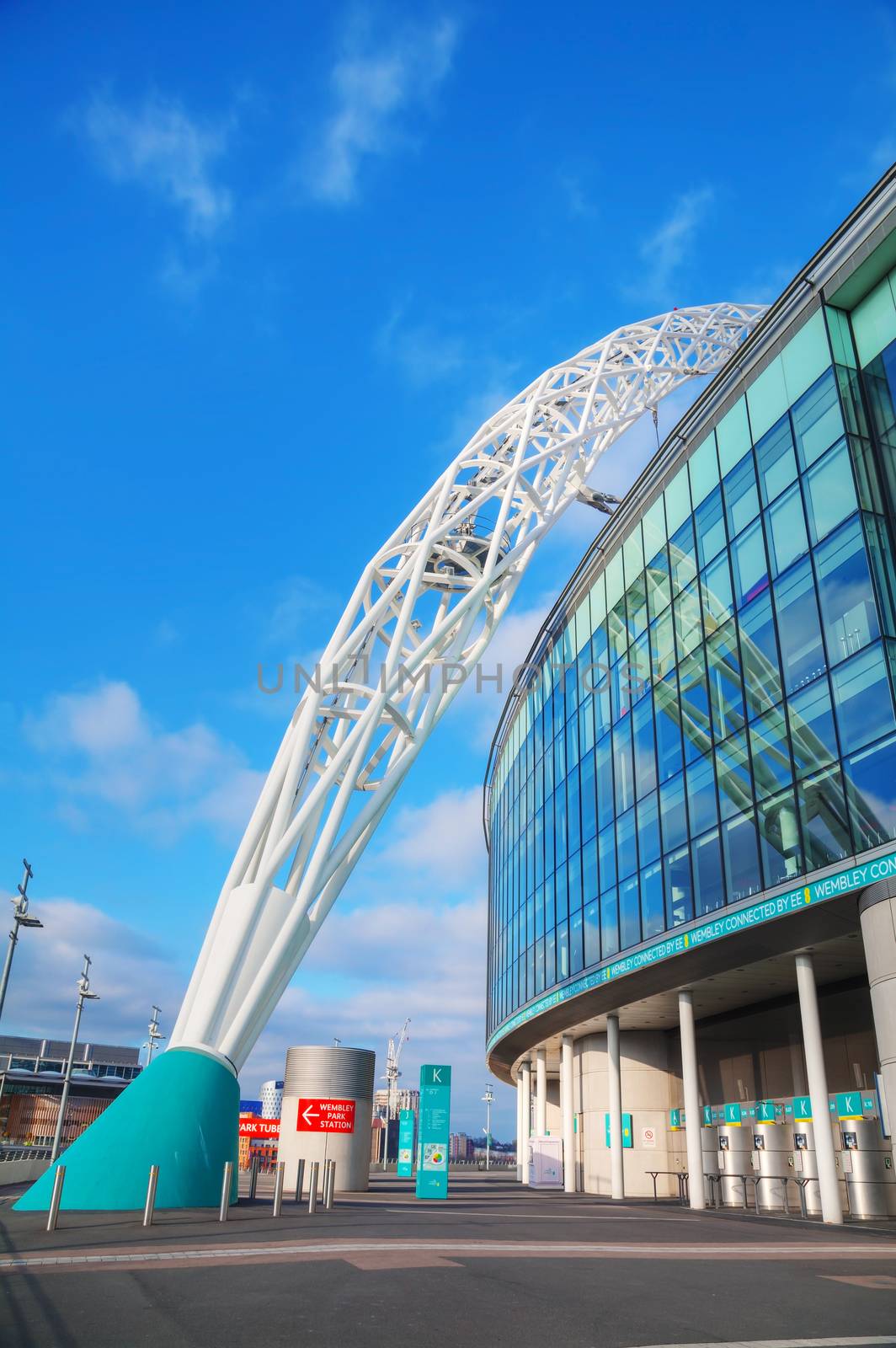 LONDON - APRIL 6: Wembley stadium on April 6, 2015 in London, UK. It's a football stadium in Wembley Park, which opened in 2007 on the site of the original Wembley Stadium which was demolished in 2003