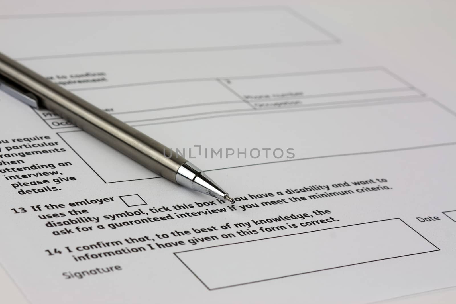 Close up of an application form to be completed