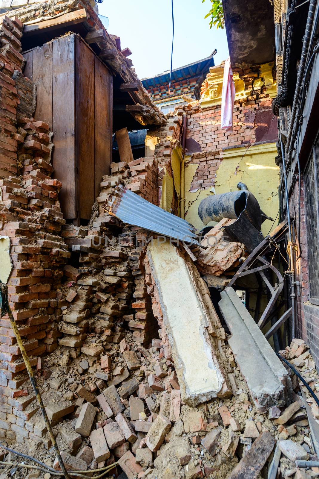 KATHMANDU, NEPAL - MAY 22, 2015: Swayambhunath, a UNESCO World Heritage Site, was severely damaged after two major earthquakes hit Nepal on April 25 and May 12, 2015.