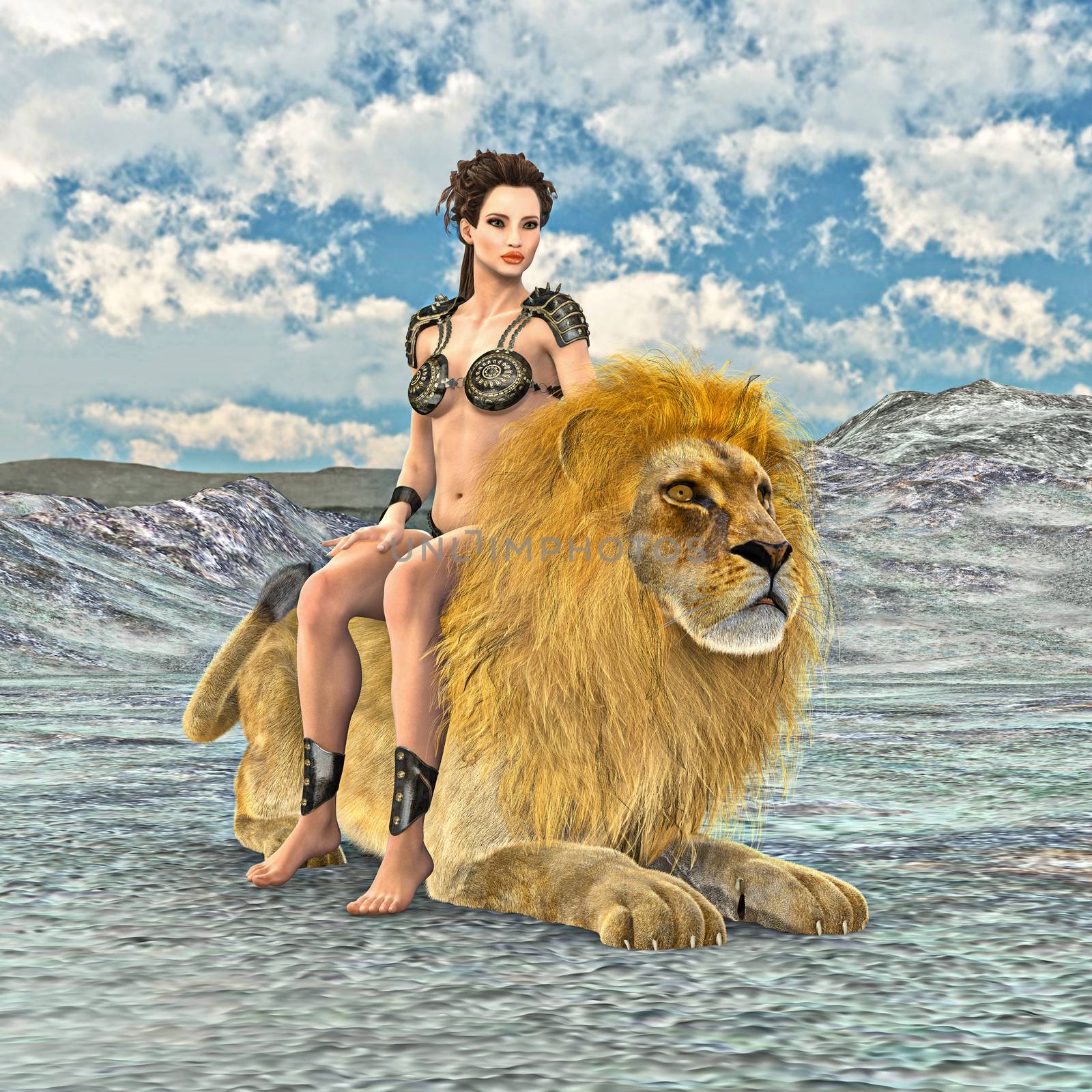 3D digital render of a beautiful young woman and a lion on a desert landscape background