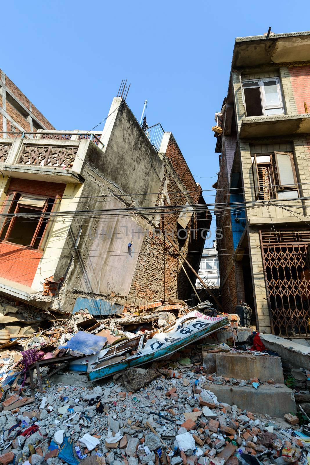 KATHMANDU, NEPAL - MAY 22, 2015: A partially collapsed building after two major earthquakes hit Nepal on April 25 and May 12, 2015.