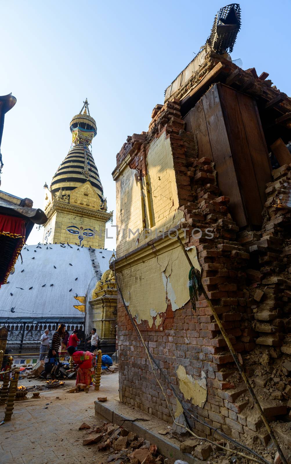 KATHMANDU, NEPAL - MAY 22, 2015: Swayambhunath, a UNESCO World Heritage Site, was severely damaged after two major earthquakes hit Nepal on April 25 and May 12, 2015.