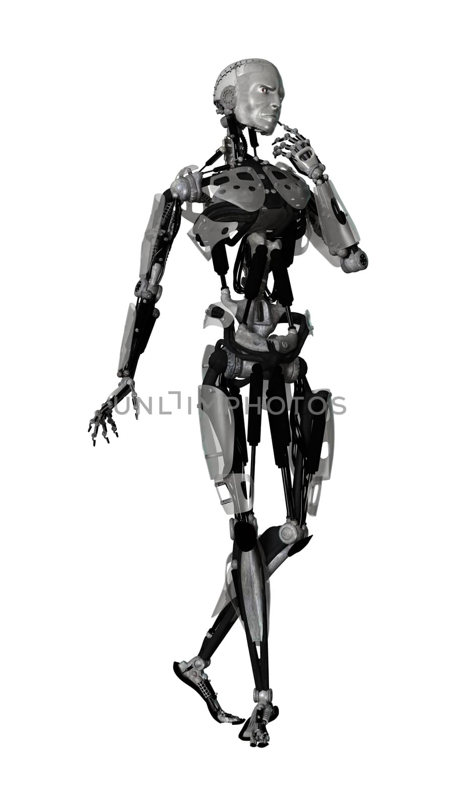 3D digital render of a male cyborg thinking isolated on white background