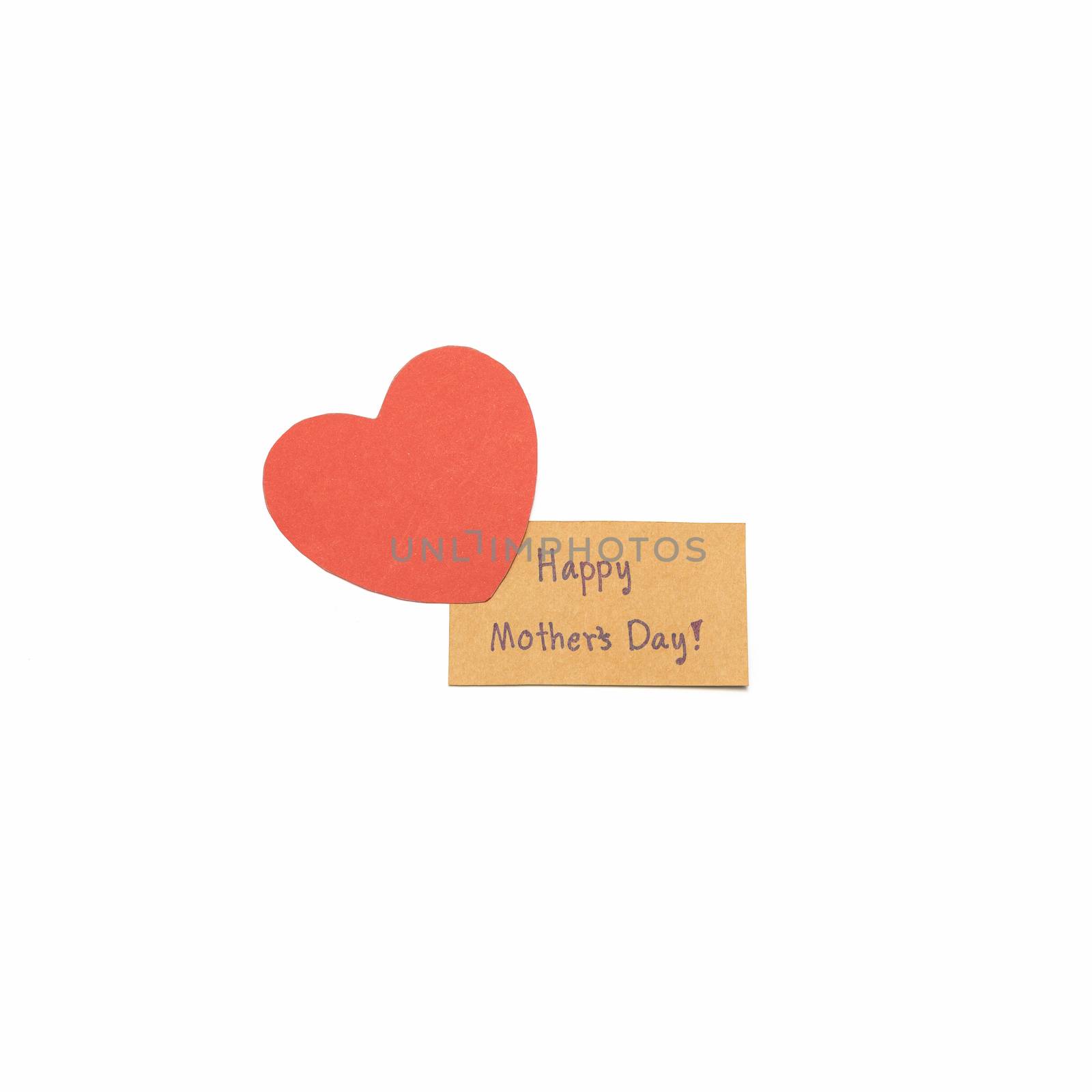 happy mother's day card and heart isolated on white background