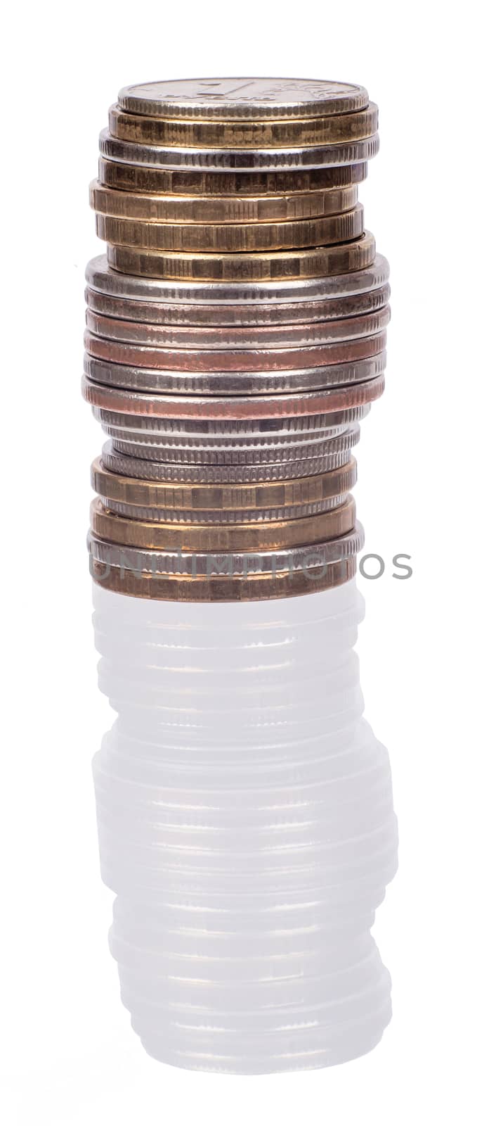 Stack of coins on isolated white background