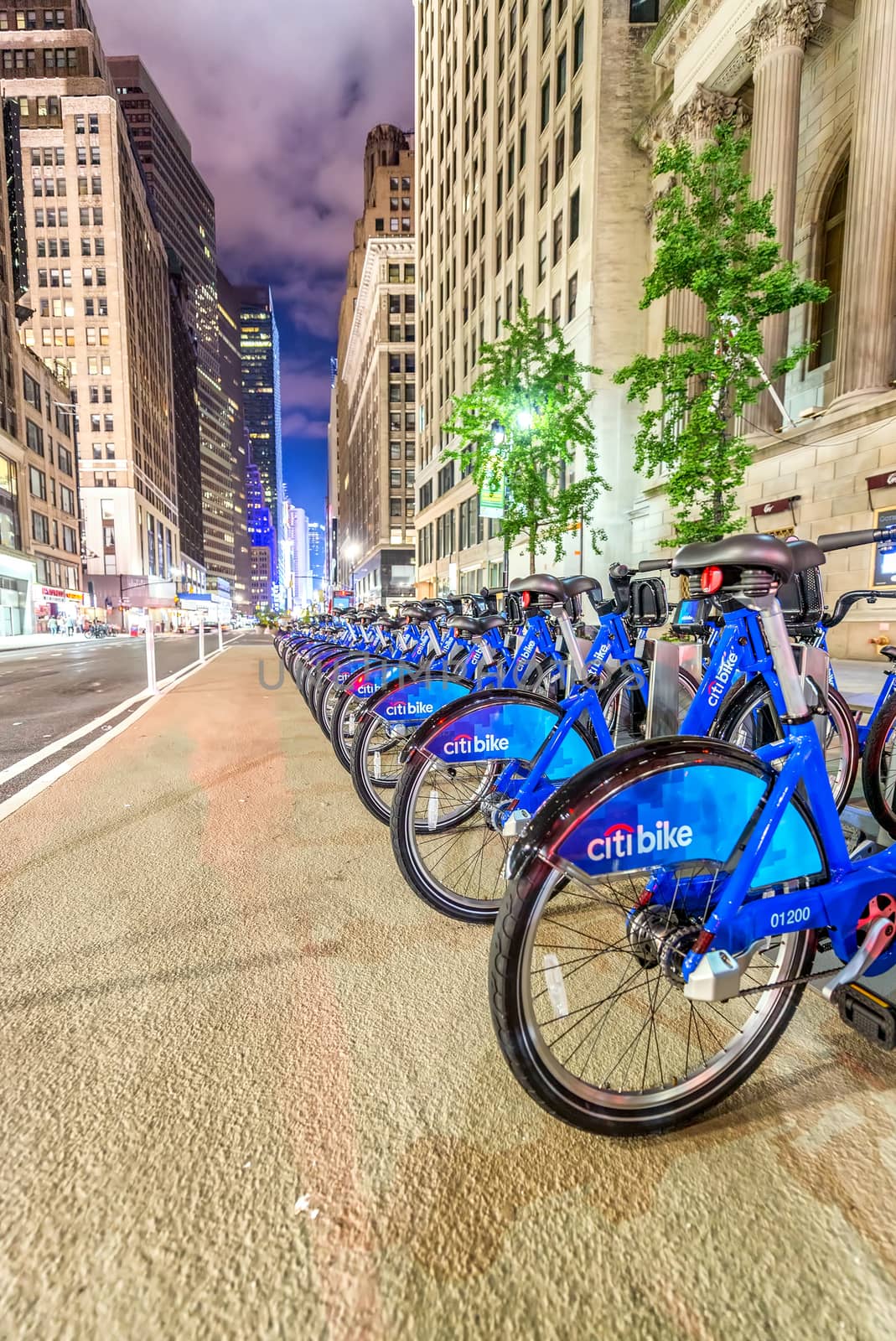 NEW YORK CITY - JUNE 8, 2013: New blue CitiBikes lined up in Man by jovannig