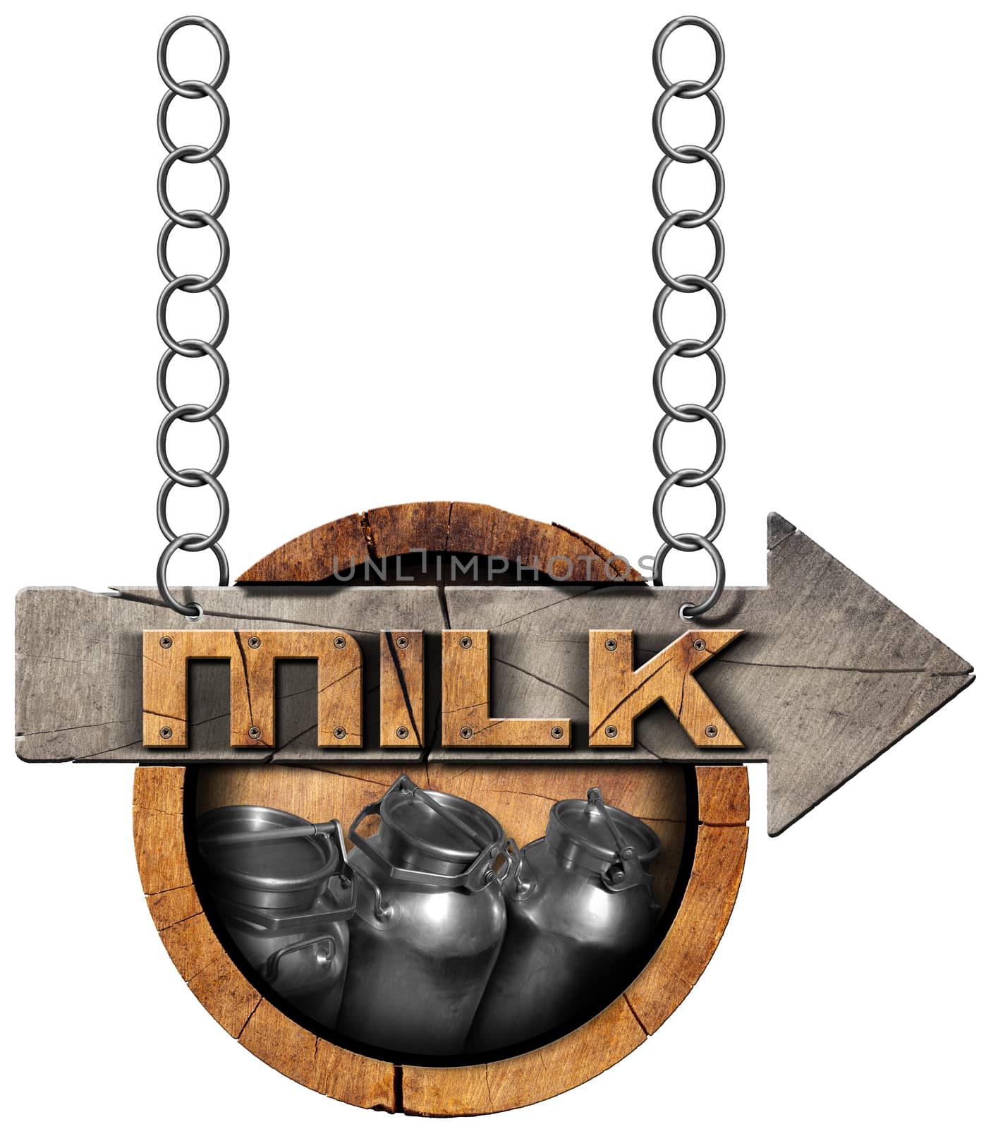 Wooden sign with directional arrow with text Milk and steel cans for the transport of milk. Hanging from a metal chain and isolated on white