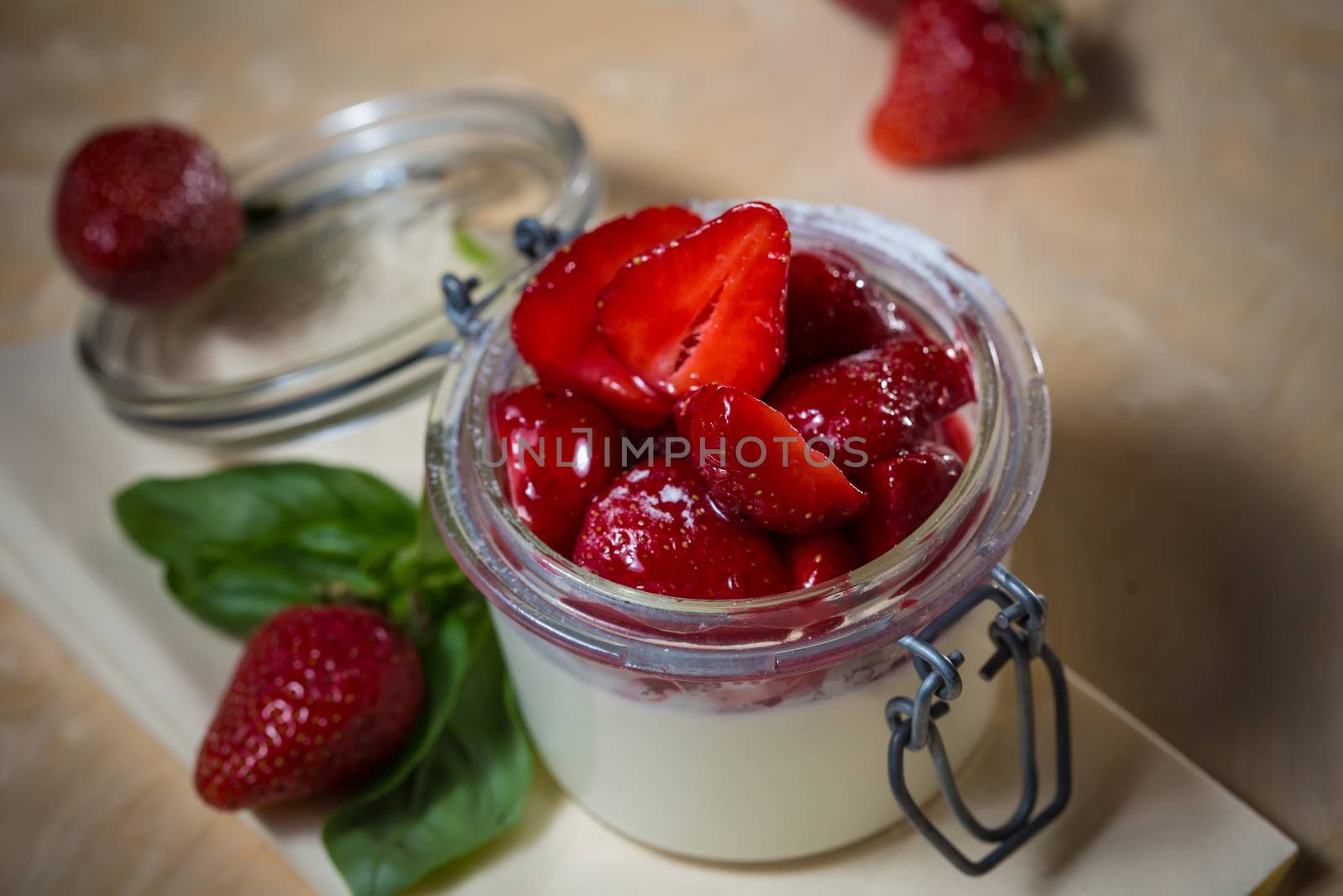 Strawberry tiramisu with mascarpone in glass. Close up