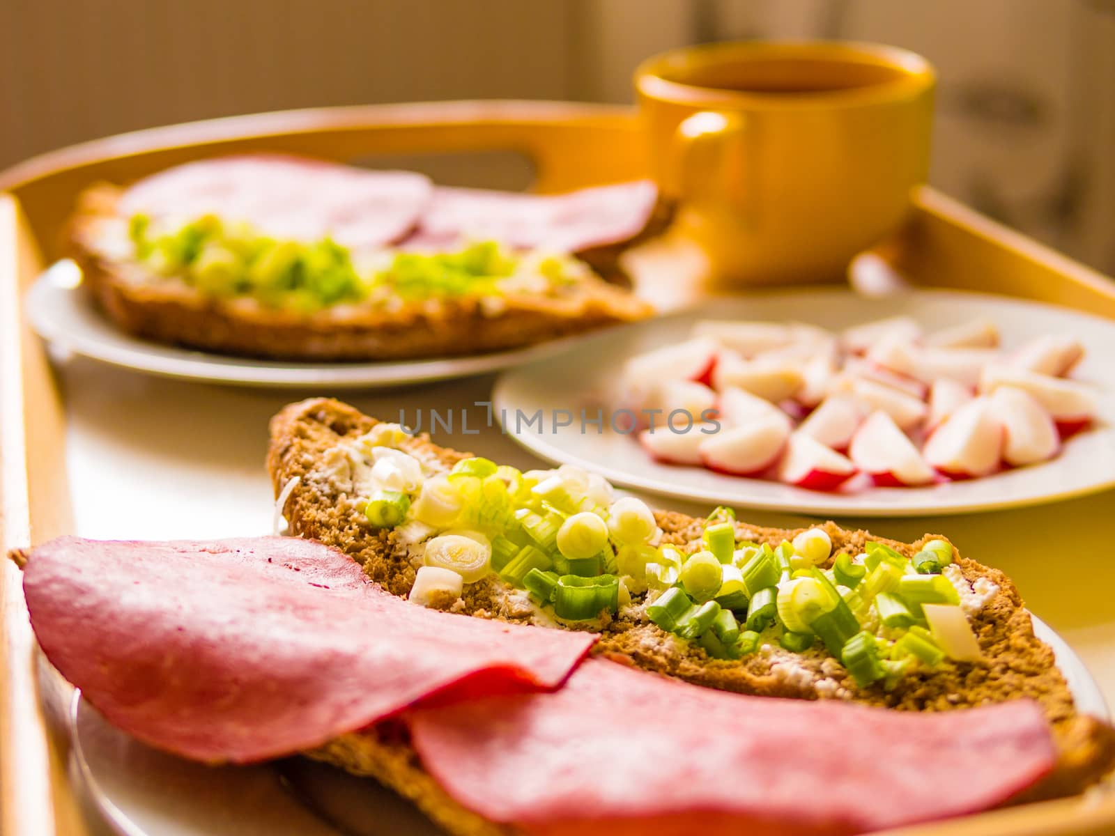 Homemade breakfast: bread with ham, onions, radish by weruskak