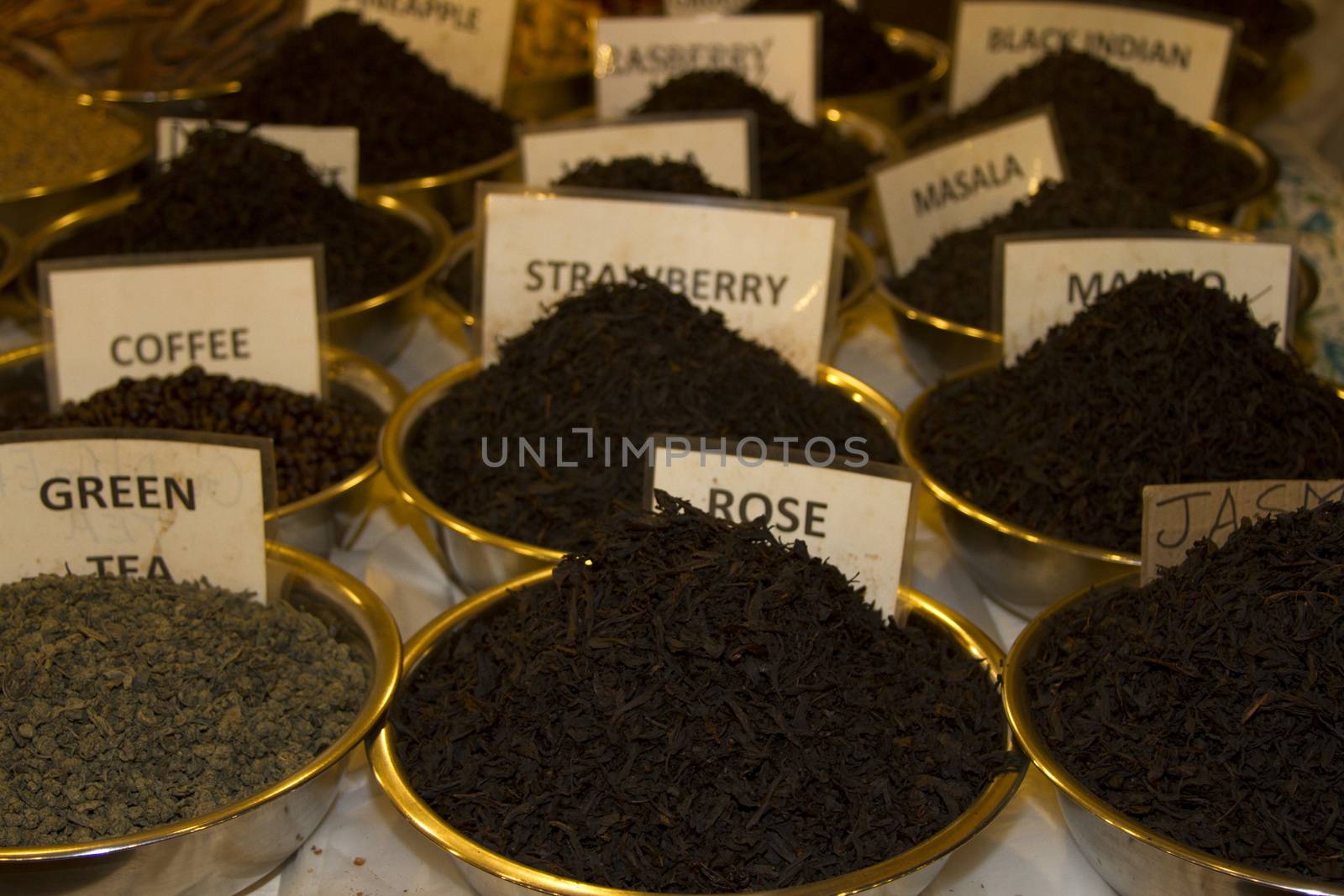 Different tea flavors found in flea market, Goa, India.