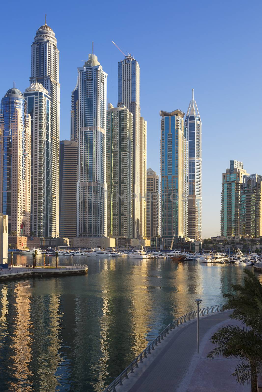 DUBAI, UNITED ARAB EMIRATES - NOVEMBER 11: view of Dubai Marina Towers in Dubai, United Arab Emirates on November 11,2014. Dubai Marina is a district in Dubai and an artificial canal city.