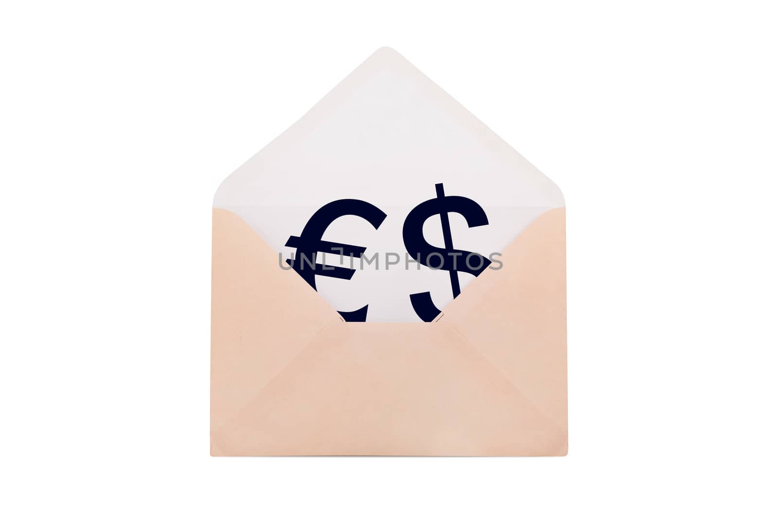 Front view of close up open envelope with euro sign and dollar sign inside, isolated on white background.