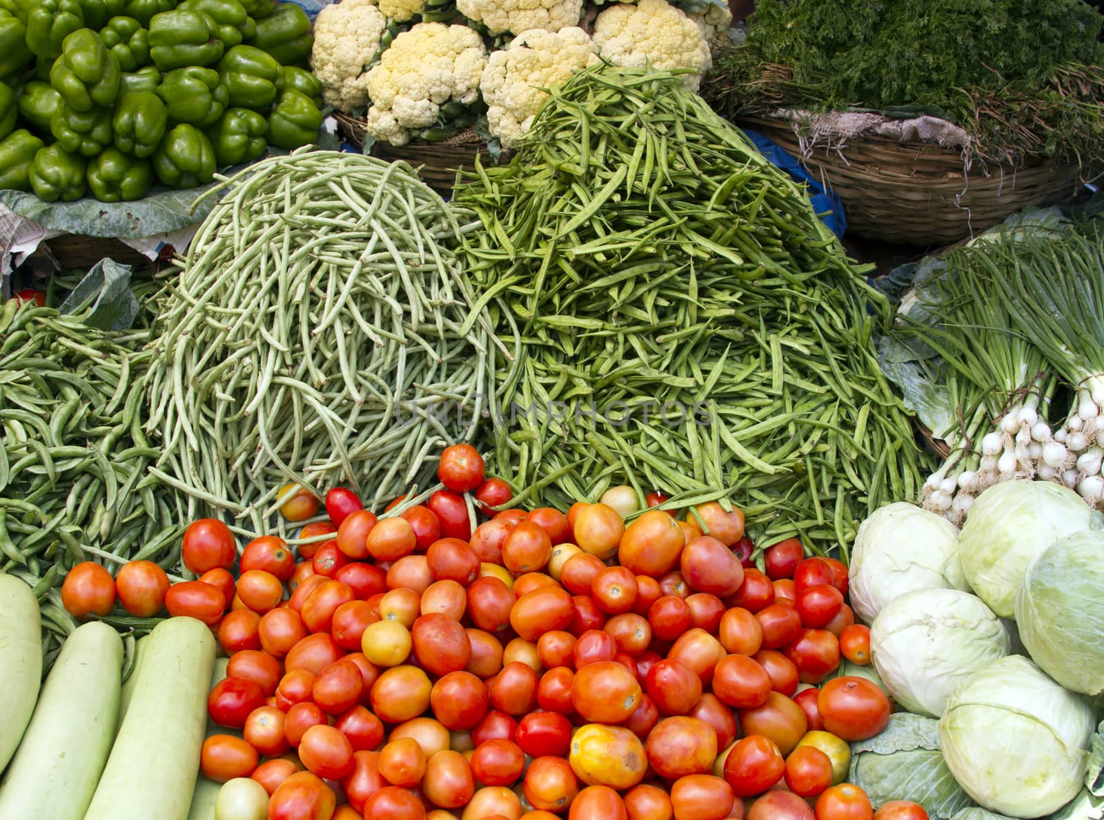 Fresh juicy vegetables on the counter in India Goa.