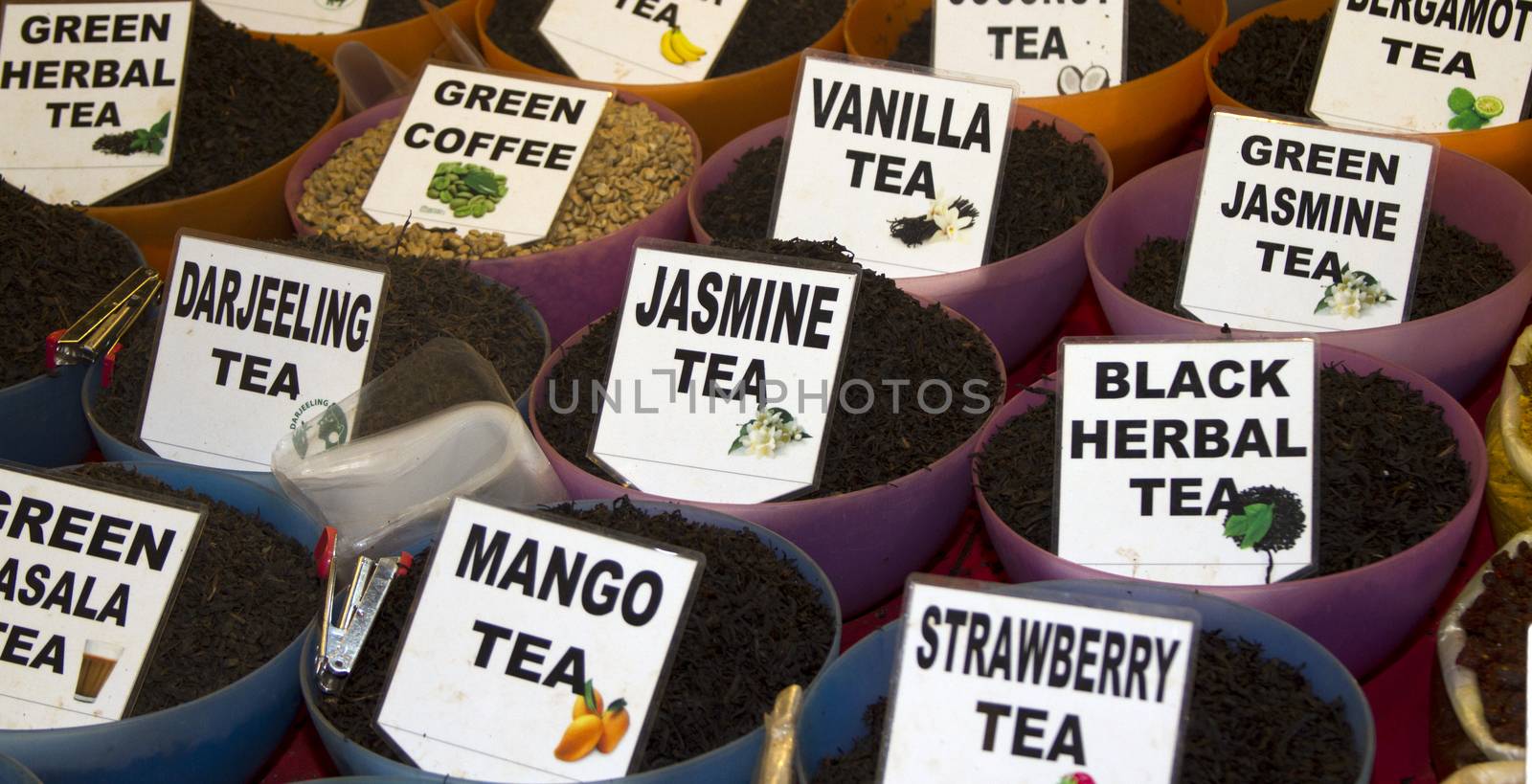 Different tea flavors found in flea market, Goa, India.