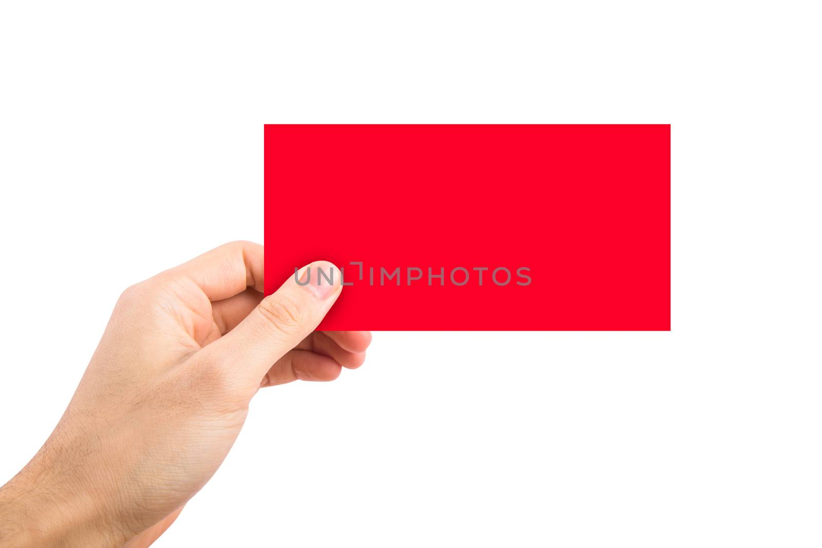 Front view of red blank label holding on hand, isolated on white background.