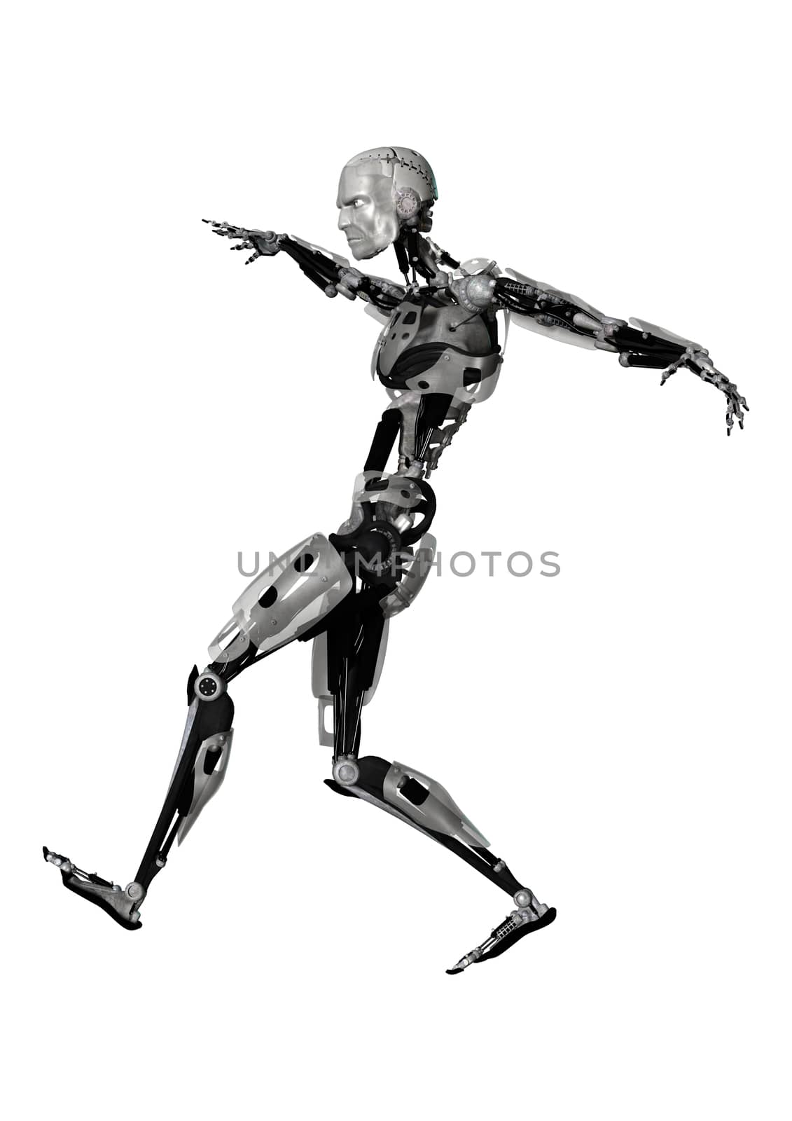 3D digital render of a male cyborg running isolated on white background