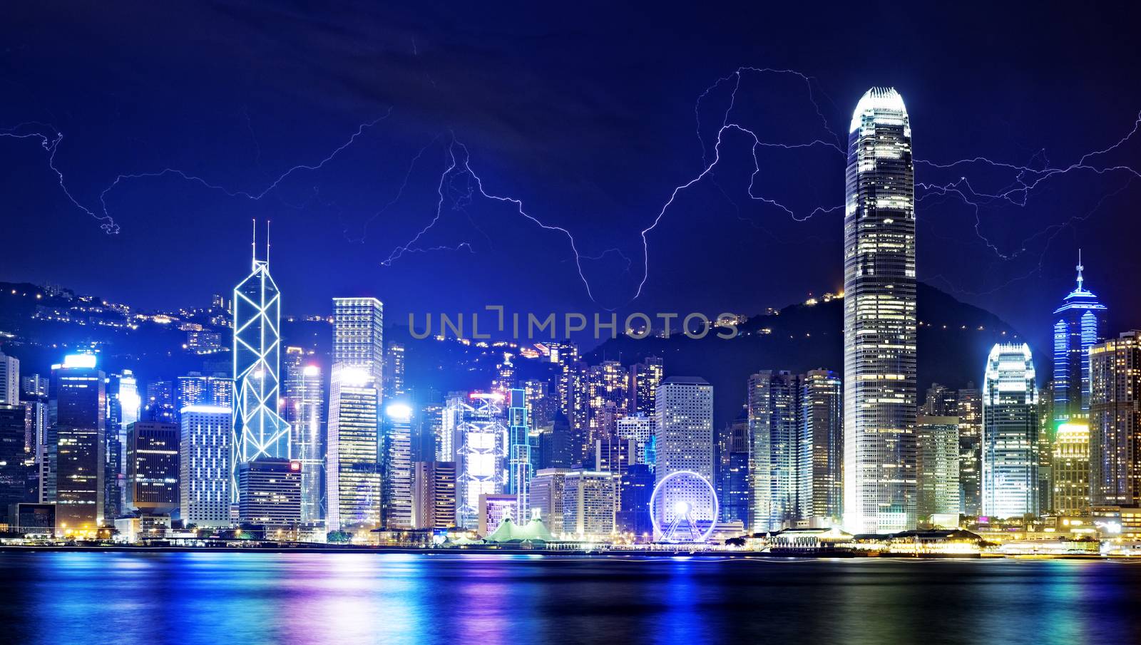 Lightning storm in the Hong Kong island night sky.