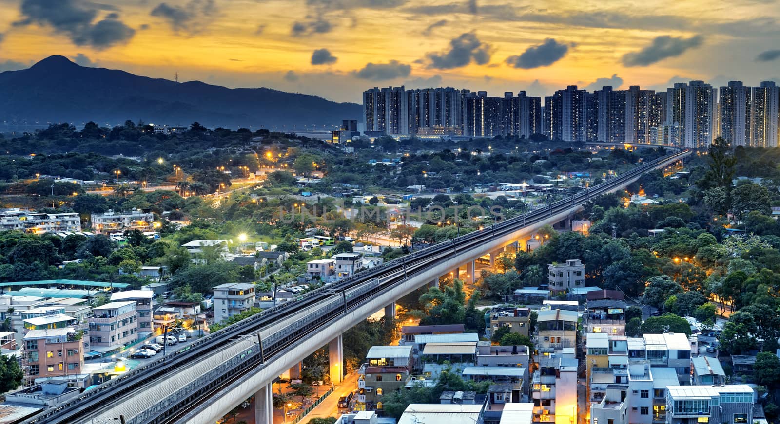 hong kong urban downtown and sunset speed train, Long Ping