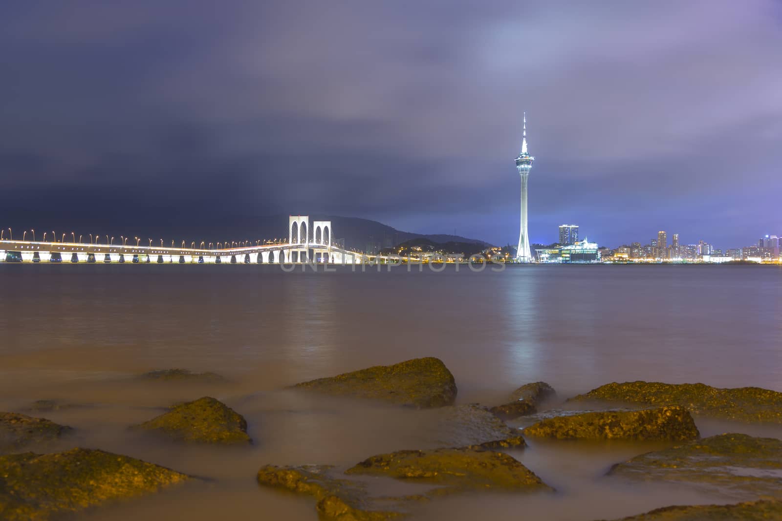 Macau Tower and Ponte de Sai Van bridge, This photo was shot in the evening after sunset.