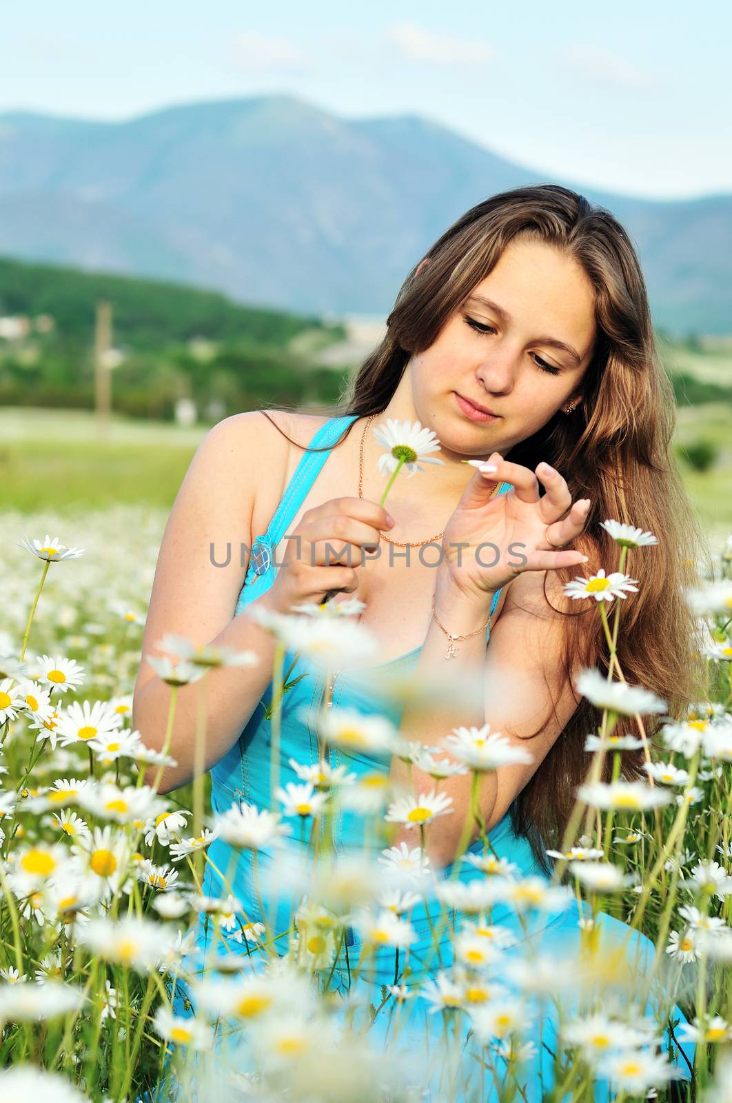 girl wondering about love on the petals of daisy flower 