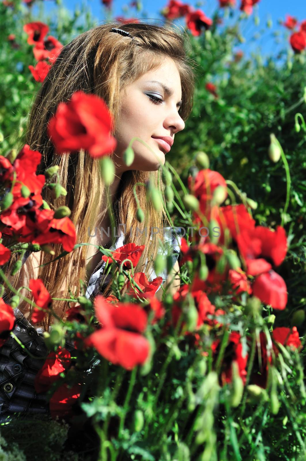 beautiful teen tender girl with long hair sitting in the poppy field 