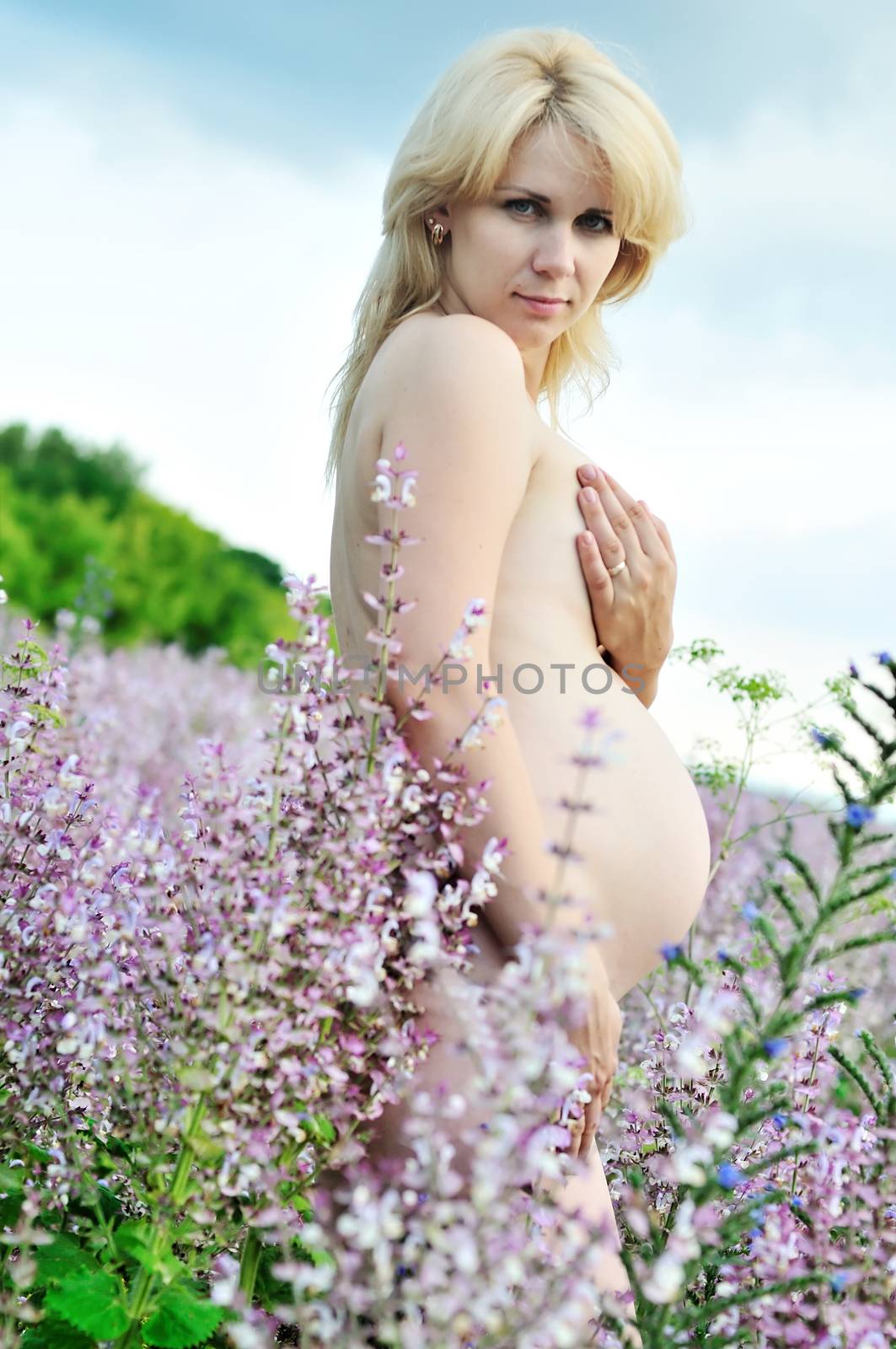 beauty blonde pregnant woman at one with nature