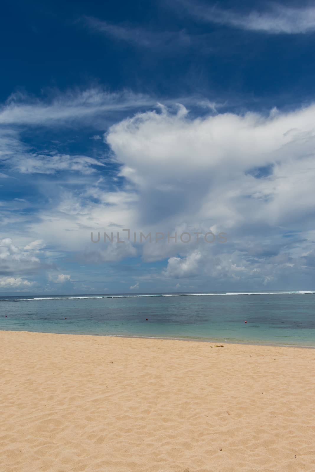 Beautiful tropical beach with lush vegetation fringing golden sand and a tranquil ocean with gentle surf breaking on the beach