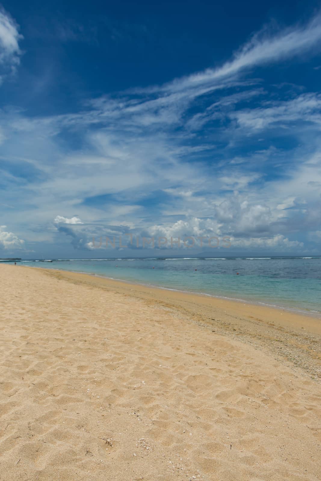 Beautiful tropical beach with lush vegetation fringing golden sand and a tranquil ocean with gentle surf breaking on the beach