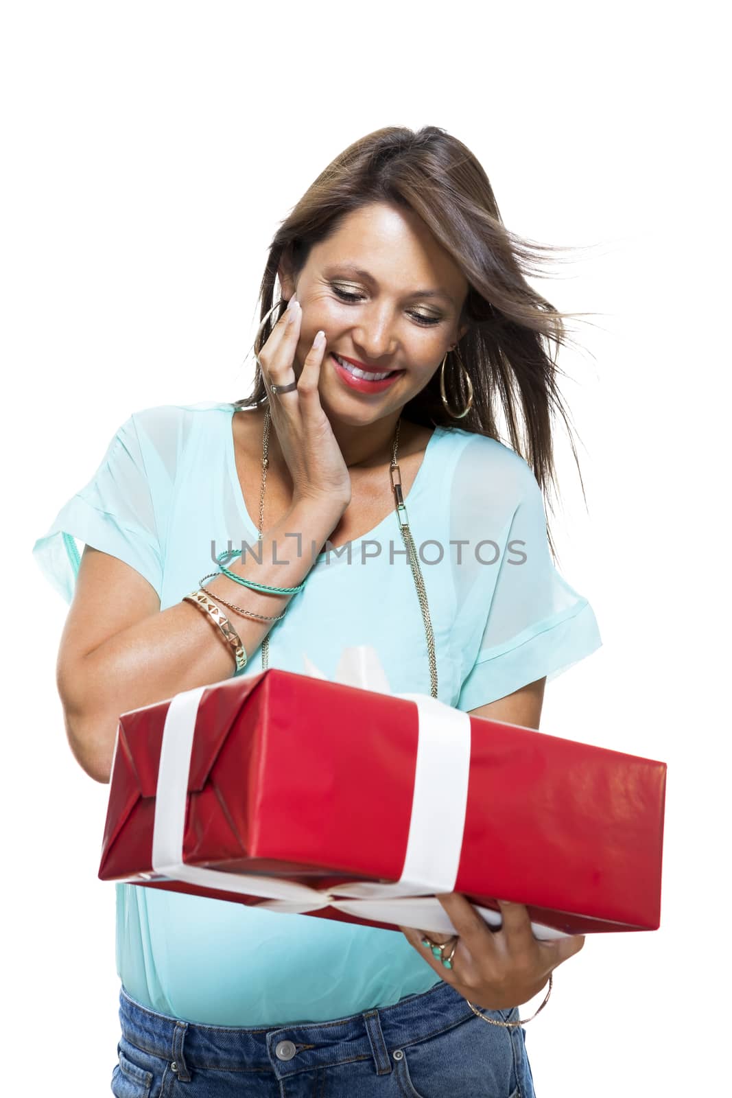 Happy Woman Holding Red Gift Box by juniart