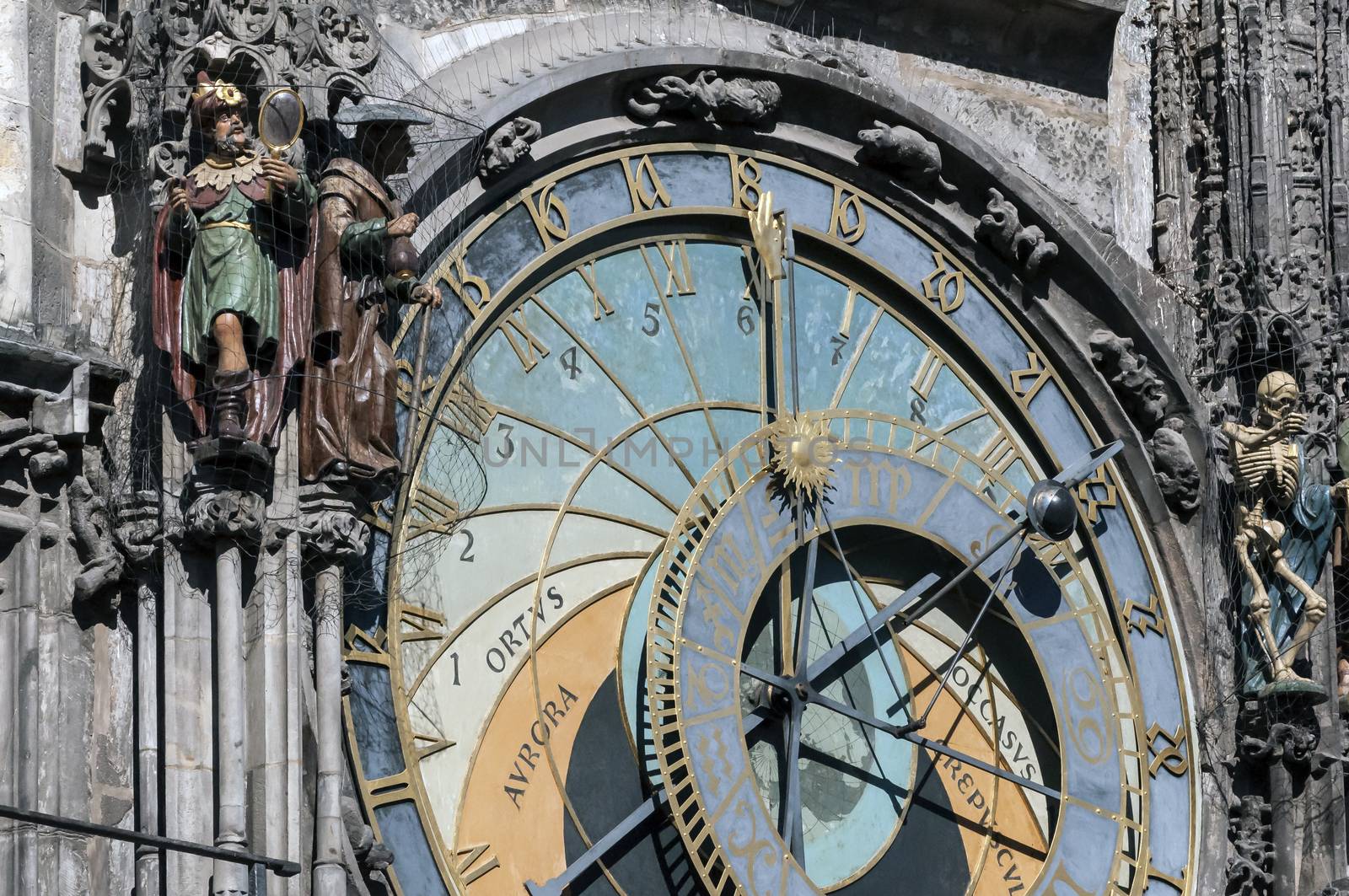 Close up view of the astronomical clock of Prague, Czech Republic.