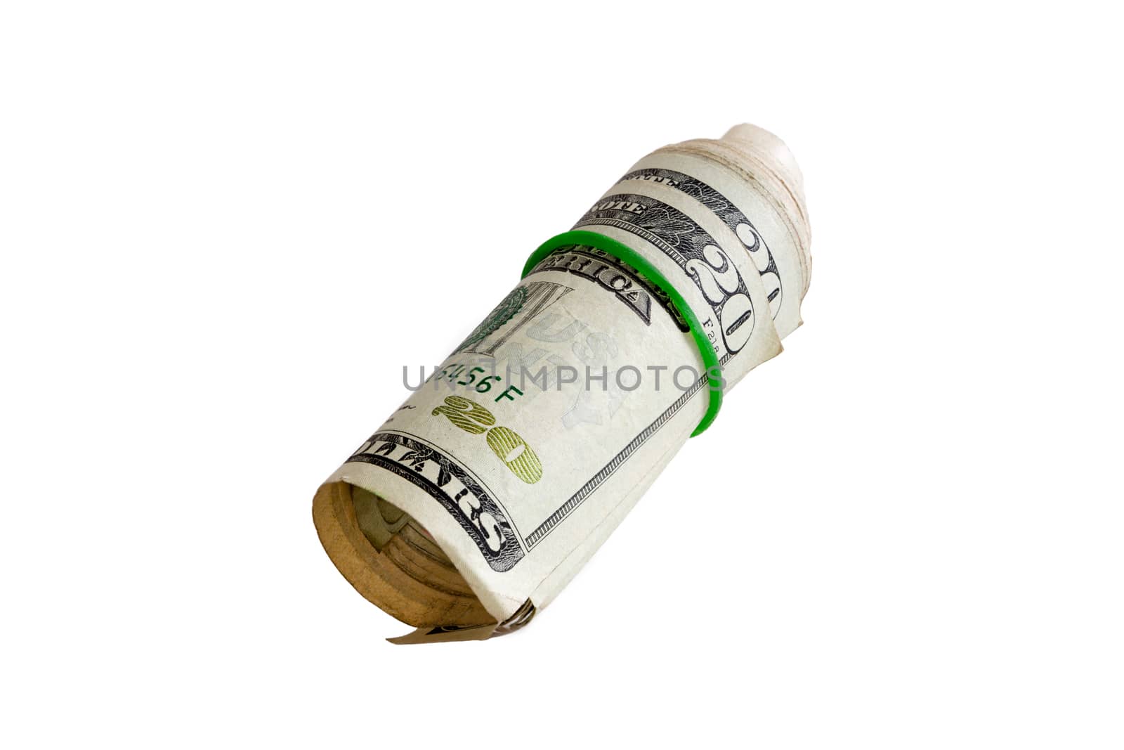 Close up Bunch of 20 US Dollar Paper Bill Rolled with Rubber, Isolated on White Background.
