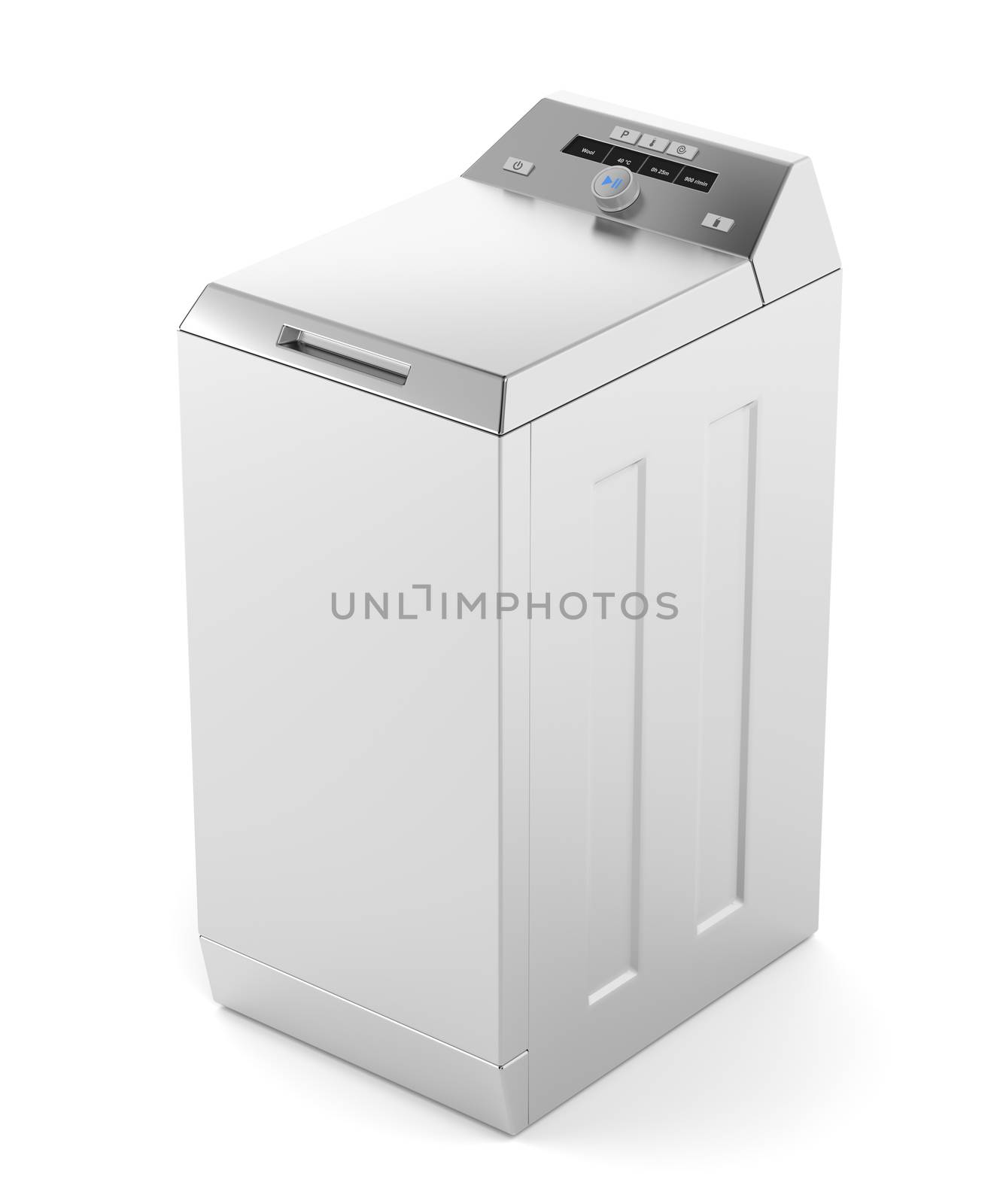 Silver top load washing machine on white background