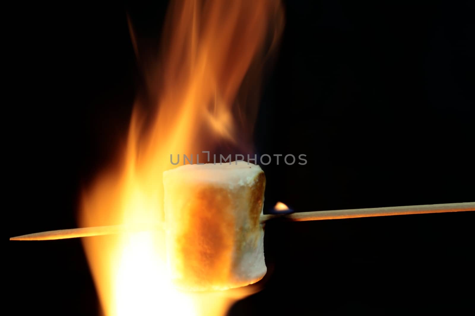 Marshmallow on a wood stick in fire.