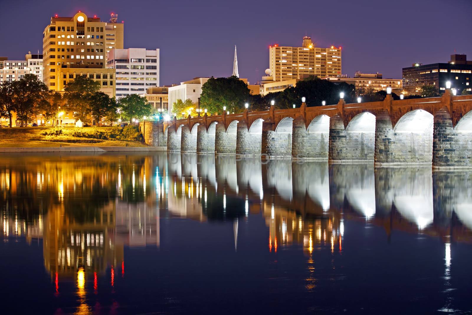 Harrisburg, Pennsylvania with the historic Market Street Bridge reflected on the Susquehanna River at night.
