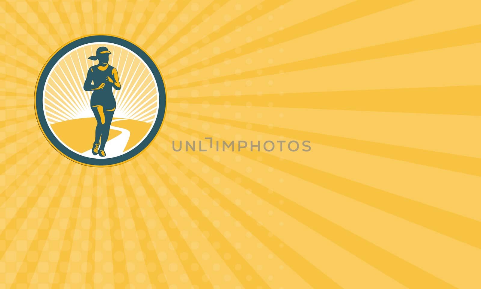 Business card showing illustration of marathon triathlete runner running winning finishing race viewed from front set inside circle on isolated background done in retro style.